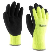 Pletene zimske rukavice, žute, umočene u crni penasti lateks na dlanovima i palcu, sa peperjastom postavom