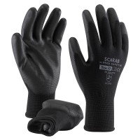 Crna pletena bešavna rukavica od poliestera sa slojem poliuretana na dlanu i prstima, presavijen, pogodan za automate