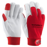 Białawe rękawiczki z koziej skóry z czerwonym tyłem i zimową podszewką, do obsługi ekranu dotykowego