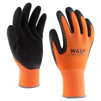 Pletene rukavice od poliestera, narandžaste boje, umočene u crni penasti lateks na dlanovima, gustina igle 13