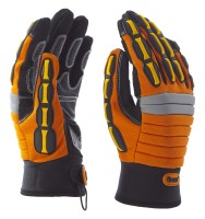 Mechanikerhandschuh mit schwarzer Handflächenverstärkung und orange Handrücken, mit Schutz gegen Stöße