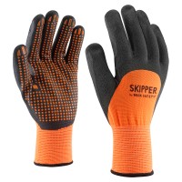 Narandžaste rukavice od poliestera/spandex-a, umočene do 3/4 u crni nitril, sa narandžastim nitrilnim tačkicama na dlanu