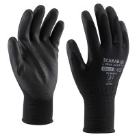 Crna pletena bešavna rukavica od poliestera sa slojem poliuretana na dlanu i prstima, ekonomični model